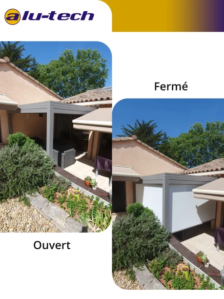 Pergola bioclimatique grise en aluminium Profils Systèmes à Teyran ouvert / fermé