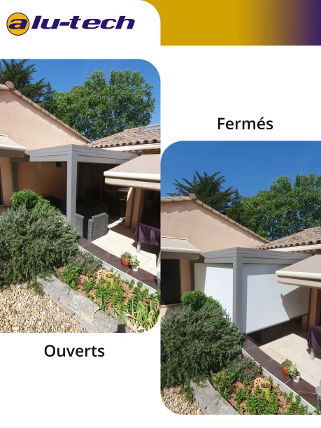 Pergola bioclimatique grise en aluminium Profils Systèmes à Teyran ouverts / fermés