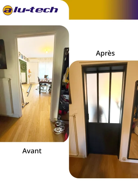 Porte d'intérieure coulissante type verrière en aluminium à Montpellier avant / après