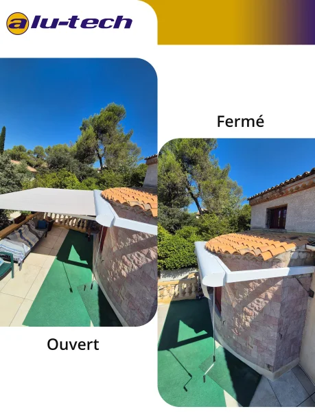 Store banne avec lambrequin RAL 9016 Jade Marquises structure acier Teyran ouvert / fermé