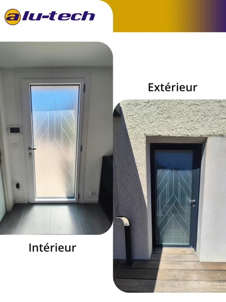 Porte d'entrée vitrée bicolore RAL 7016 9016 aluminium modèle Elyo 7 Lum Zilten Teyran intérieur / extérieur