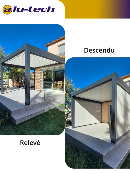 Pergola bioclimatique RAL 7016 aluminium Profils Systèmes stores screen Roma Les Matelles relevé / descendu