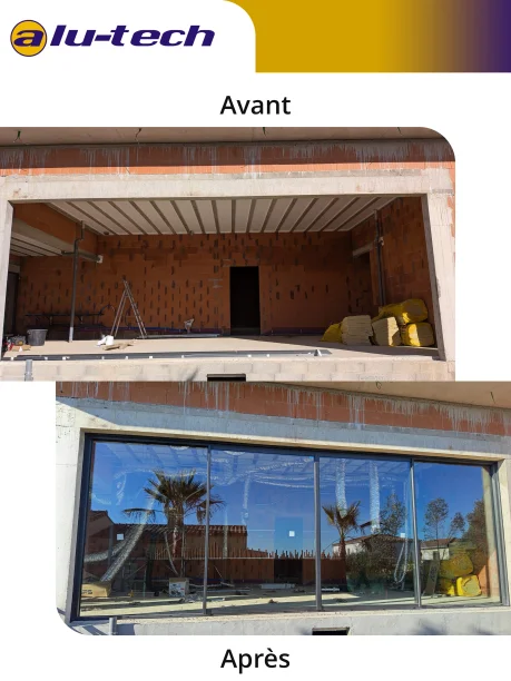 Baie coulissante XXL 8 mètres gris anthracite aluminium Profils Systèmes fabrication ALU TECH Montpellier avant / après
