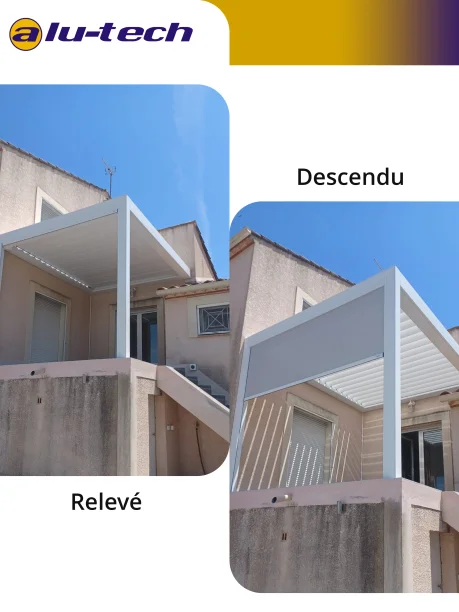Pergola bioclimatique toit rétractable blanche aluminium Profils Systèmes avec store Saint-Jean-de-Védas relevé / descendu