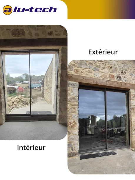Baie vitrée coulissante minimaliste Cuzco gris anthracite aluminium Profils Systèmes nord de Montpellier intérieur / extérieur