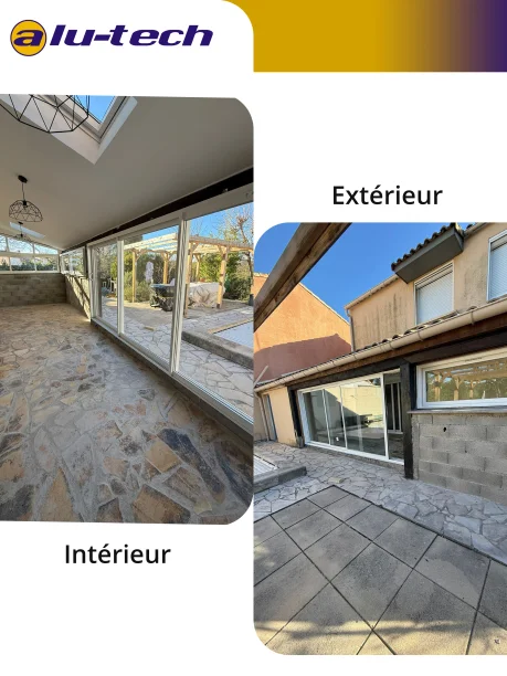 Fermeture de terrasse baie vitrée et fenêtres coulissantes blanc PVC Profils Systèmes Montpellier intérieur / extérieur