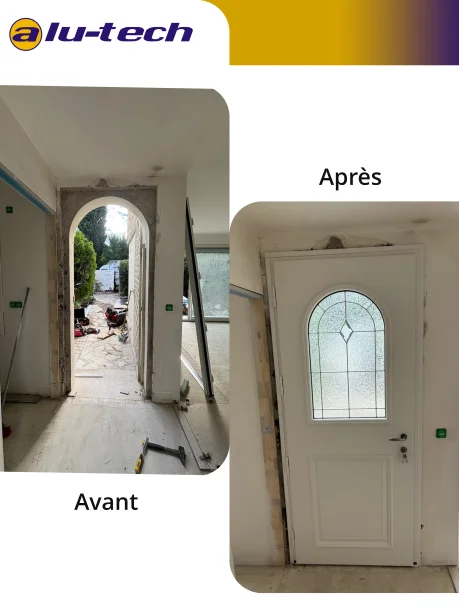 Porte d'entrée aluminium modèle coin mouchoir Bel'M Montpellier avant / après