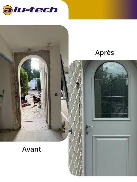 Porte d'entrée bicolore gris blanc aluminium modèle coin mouchoir Bel'M Montpellier avant / après