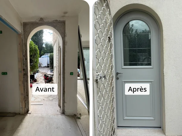 Porte d'entrée bicolore gris blanc aluminium modèle coin mouchoir Bel'M Montpellier avant / après
