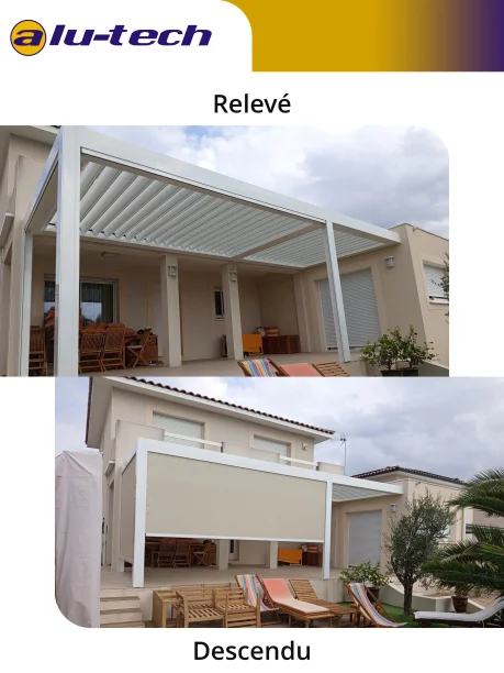 Pergola bioclimatique blanche aluminium Marquises et stores Hérault relevé / descendu